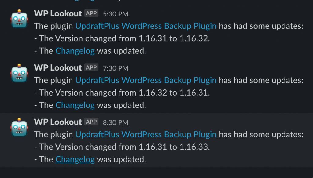 A screenshot of WP Lookout's bot in a Slack channel noting version updates to the UpdraftPlus Backup Plugin.