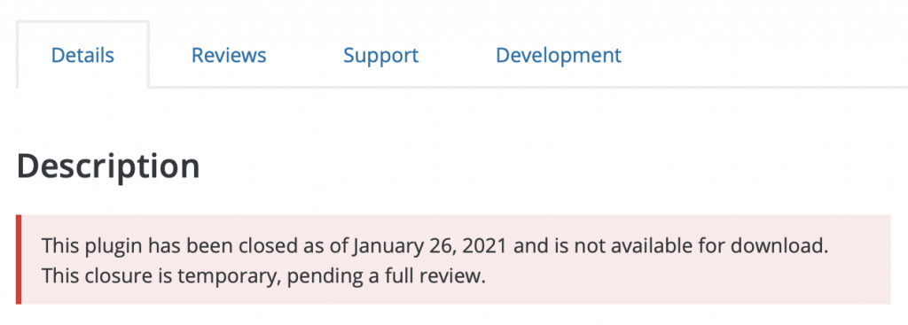 screenshot of a closed plugin page in the WordPress.org directory