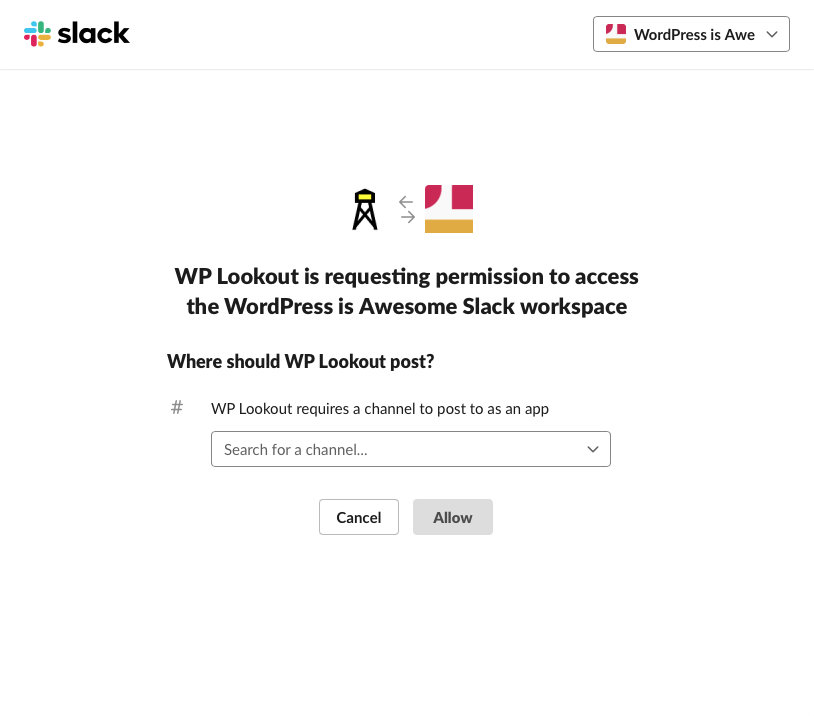 Slack authorization screen